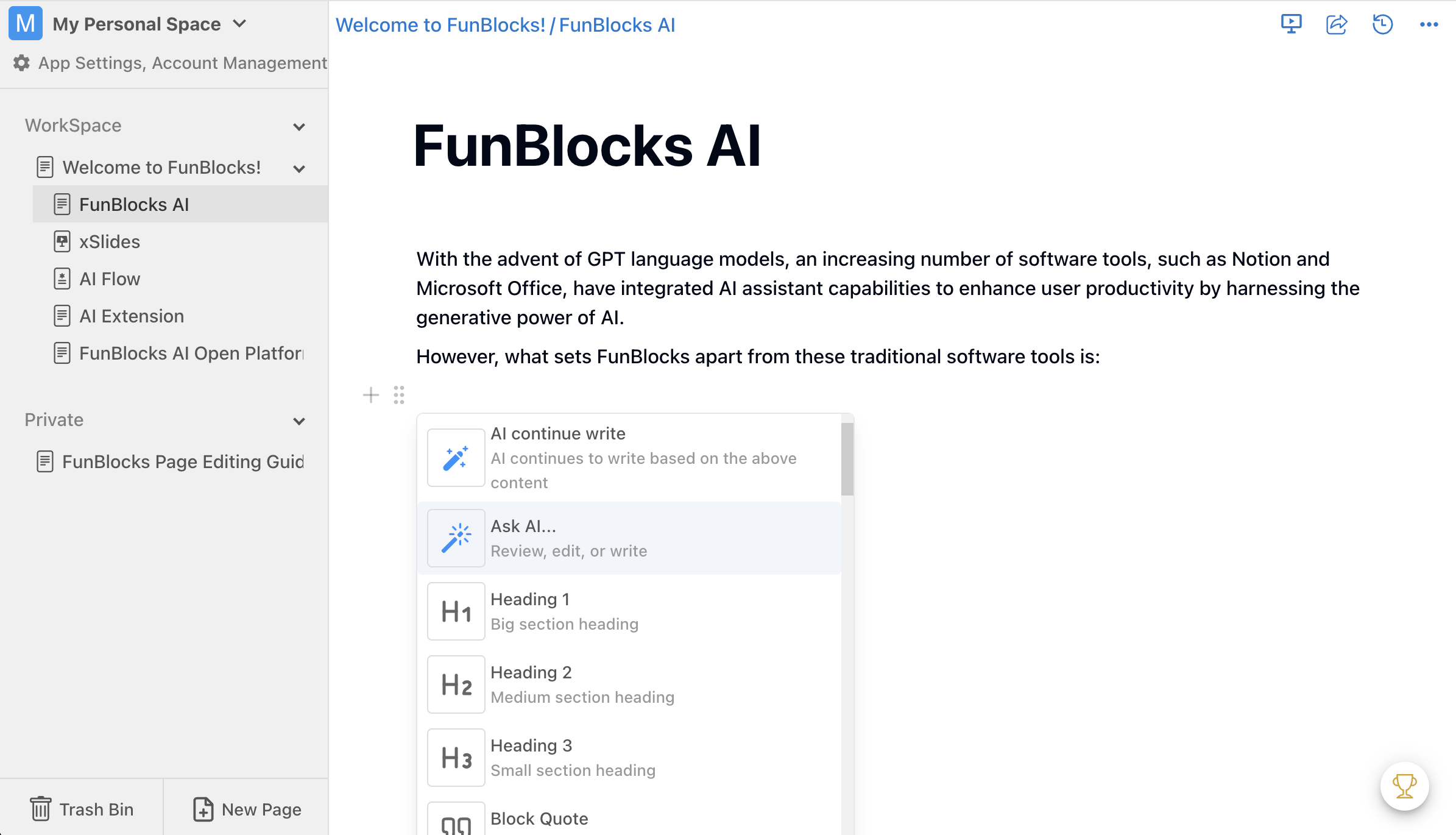 FunBlocks AI Writing Assistant - Online AI Content Generator, optimizing or rephrasing text with AI