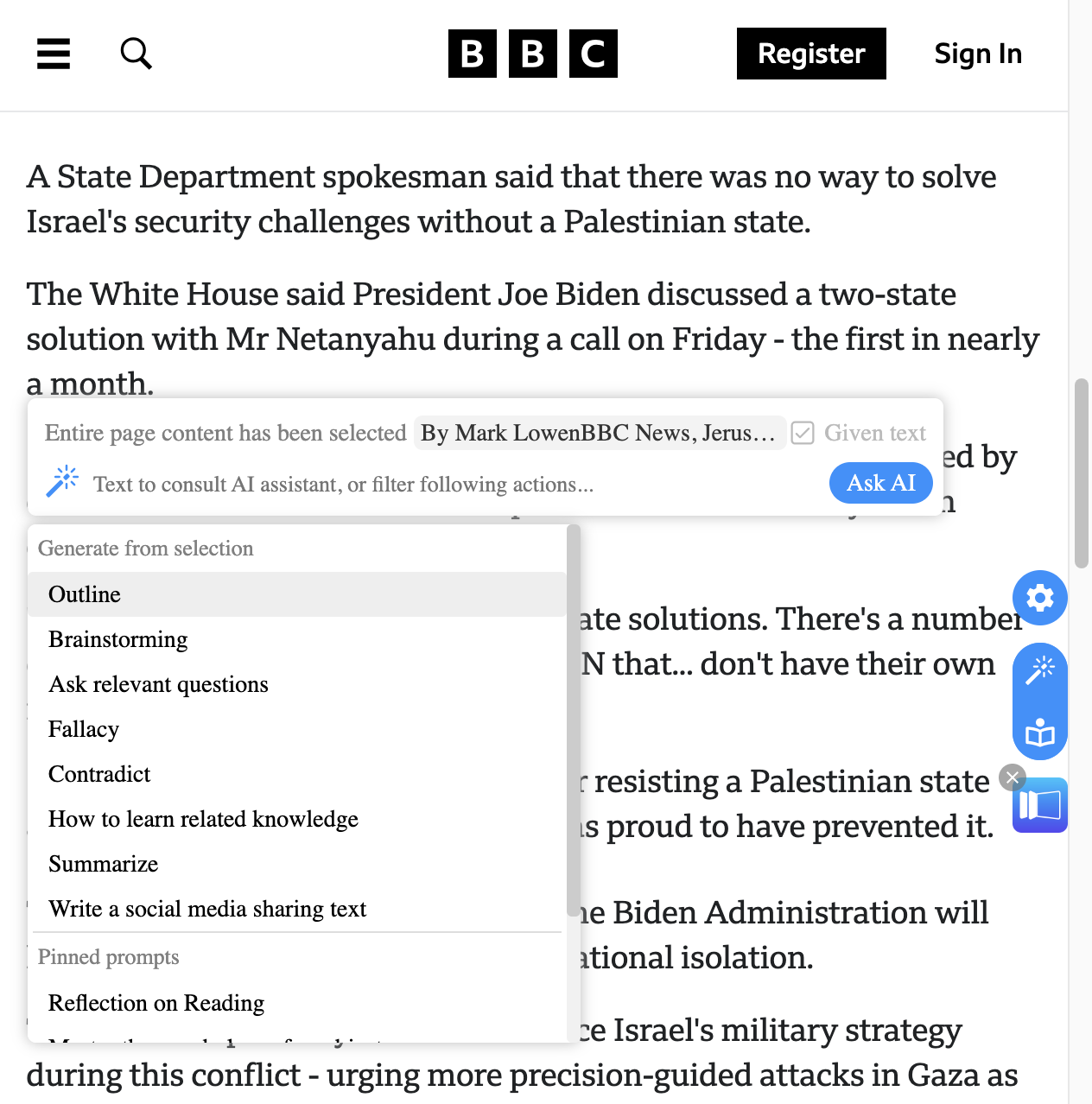FunBlocks AI extension quick menu after installation